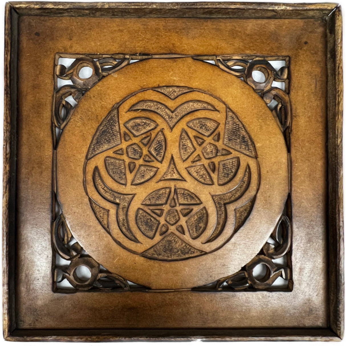 Triple Pentacle Wall Plaque - Square Wood Plaque with 3 carved pentacles