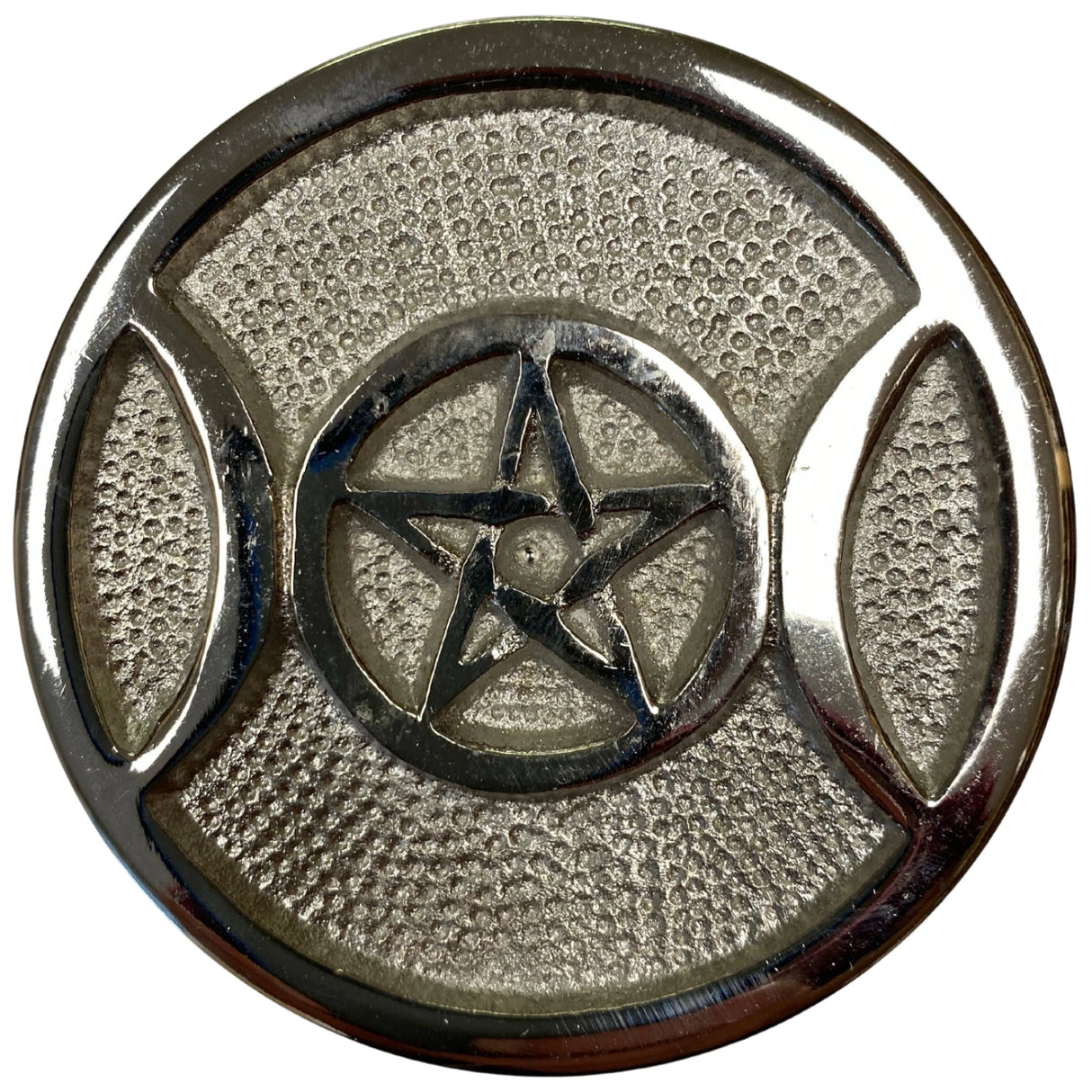 Triple Moon Pentacle Silver Plated Brass Plate - A circular, silver-plated brass altar tile featuring a central pentagram
