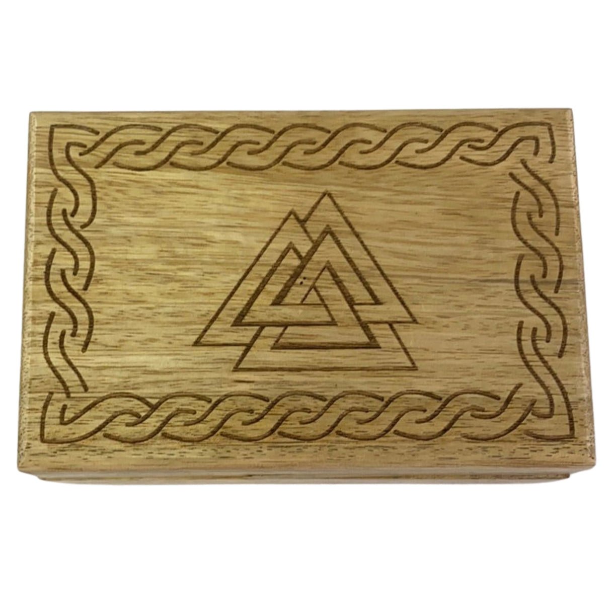 Wooden box with carved Valknut symbol and Celtic knotwork.