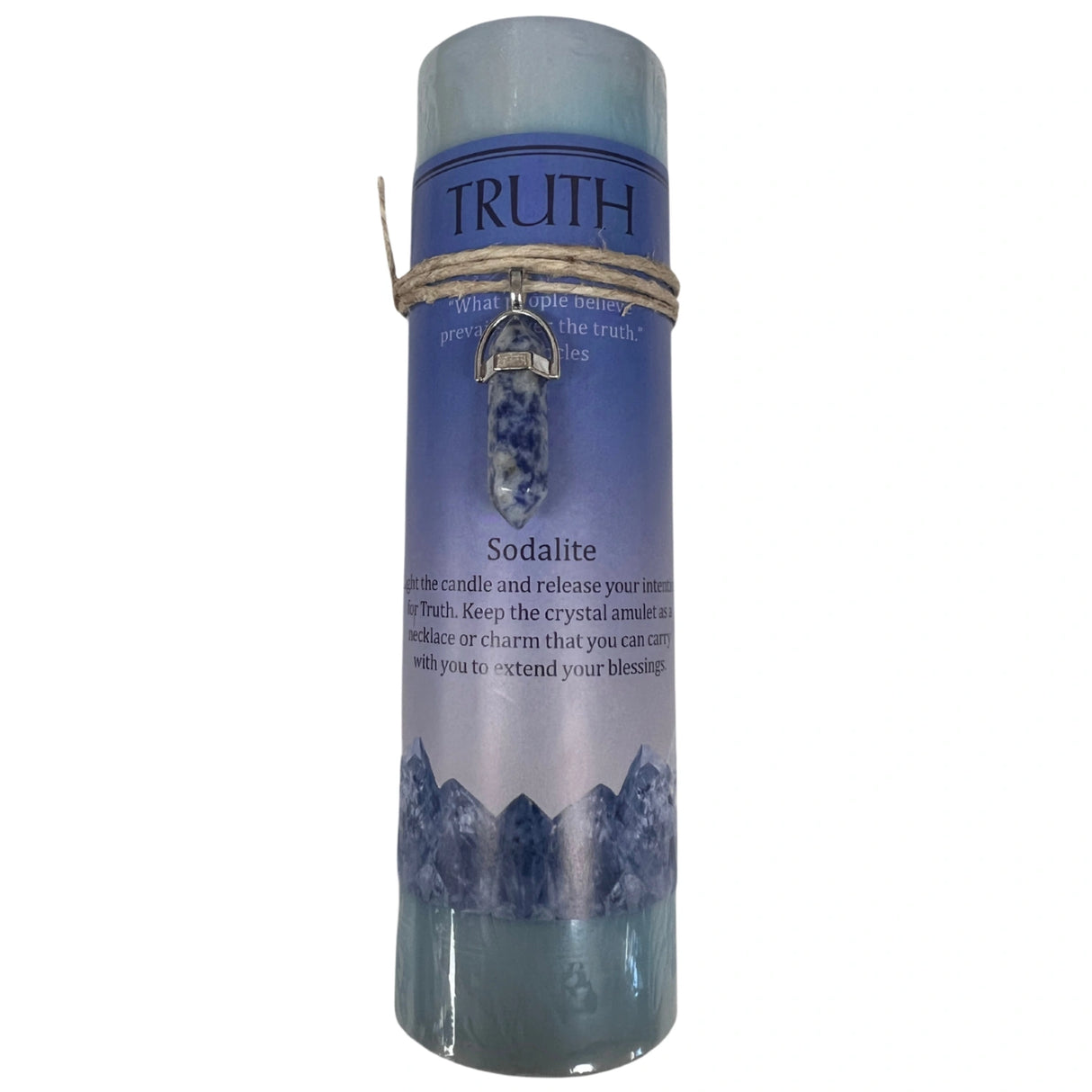 Purple candle with "TRUTH" label and crystal pendant.