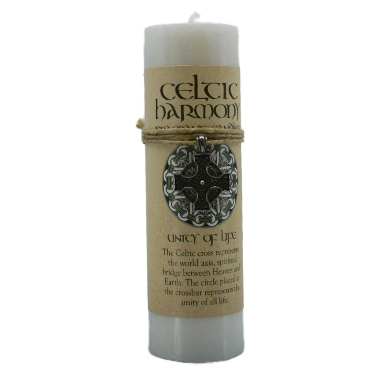 Unity of Life Celtic Pendant Candle - Unity of Life Celtic Pendant Candle. It is part the Celtic Harmony series of candles. The Celtic cross symbolizes the path between physical plane and the heavenly abode. it is a scented white candle with a pewter pendant attached that can be worn as a necklace or used an an amulet.