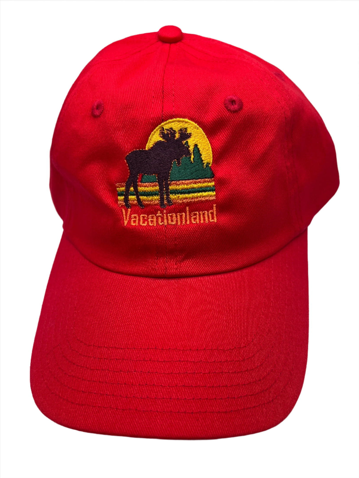 Vacationland Moose Red Ball Cap - Red ball cap with embroidered moose and vacationland