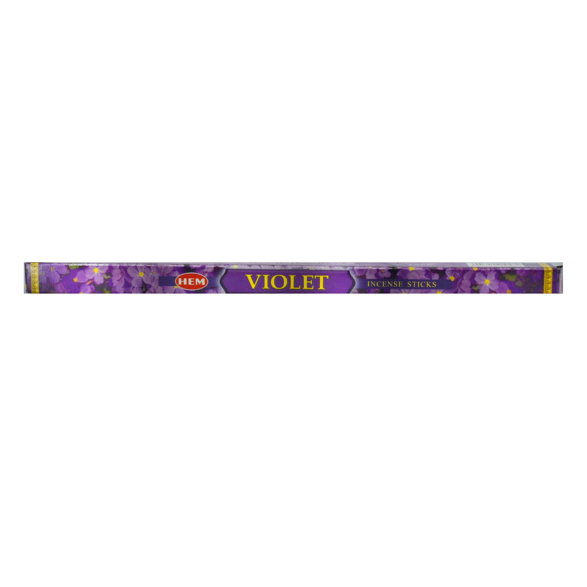 Violet Incense Sticks. Center of the box has the company name HEM in red. The title Violet Incense Sticks is in yellow with a violet background. The rest of the box has pictures of the violet flowers.