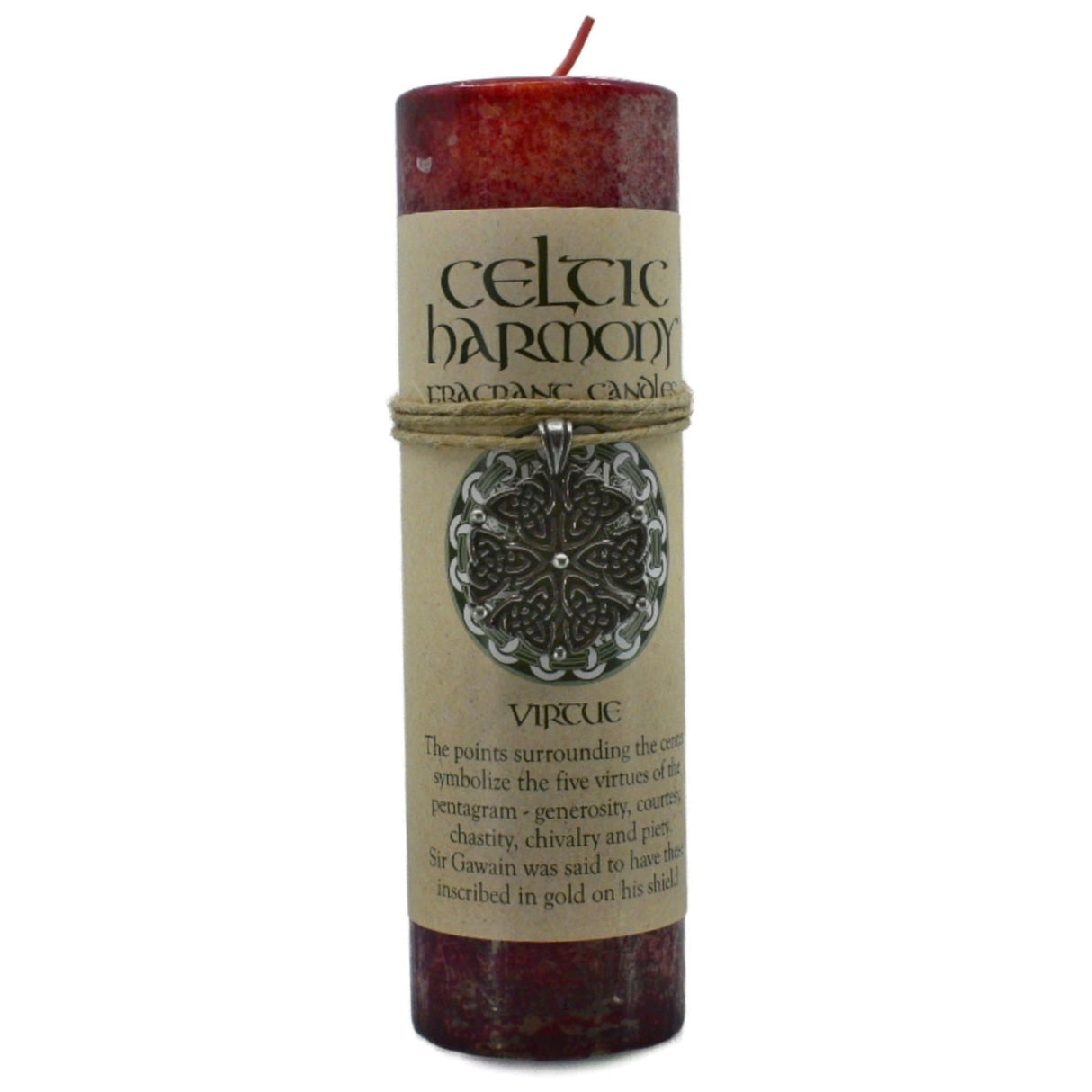 Virtue Celtic Pendant Candle - Virtue Celtic Pendant Candle. Deep red candle with label and a pewter pendant