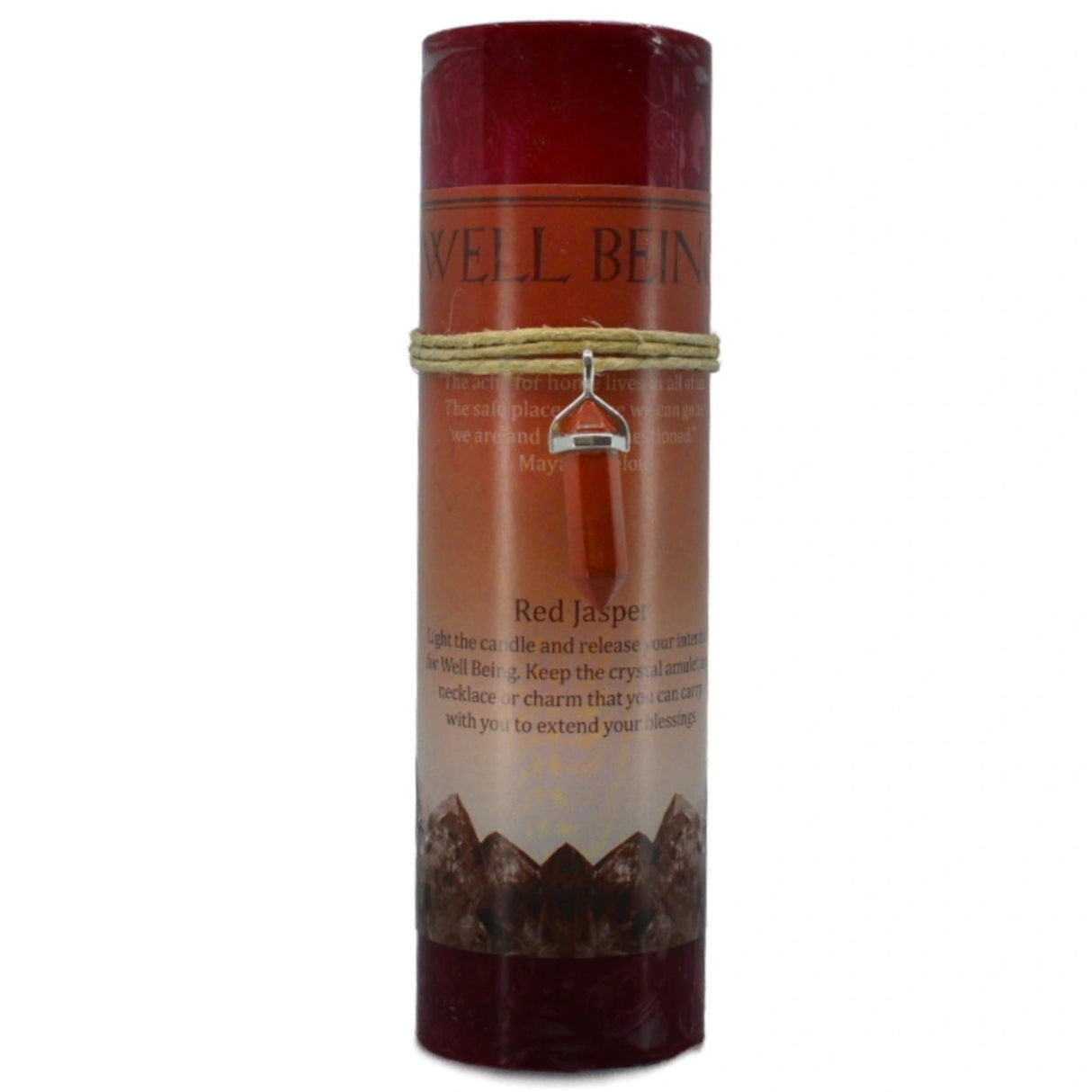Red candle with "Well Being" label and red jasper pendant.
