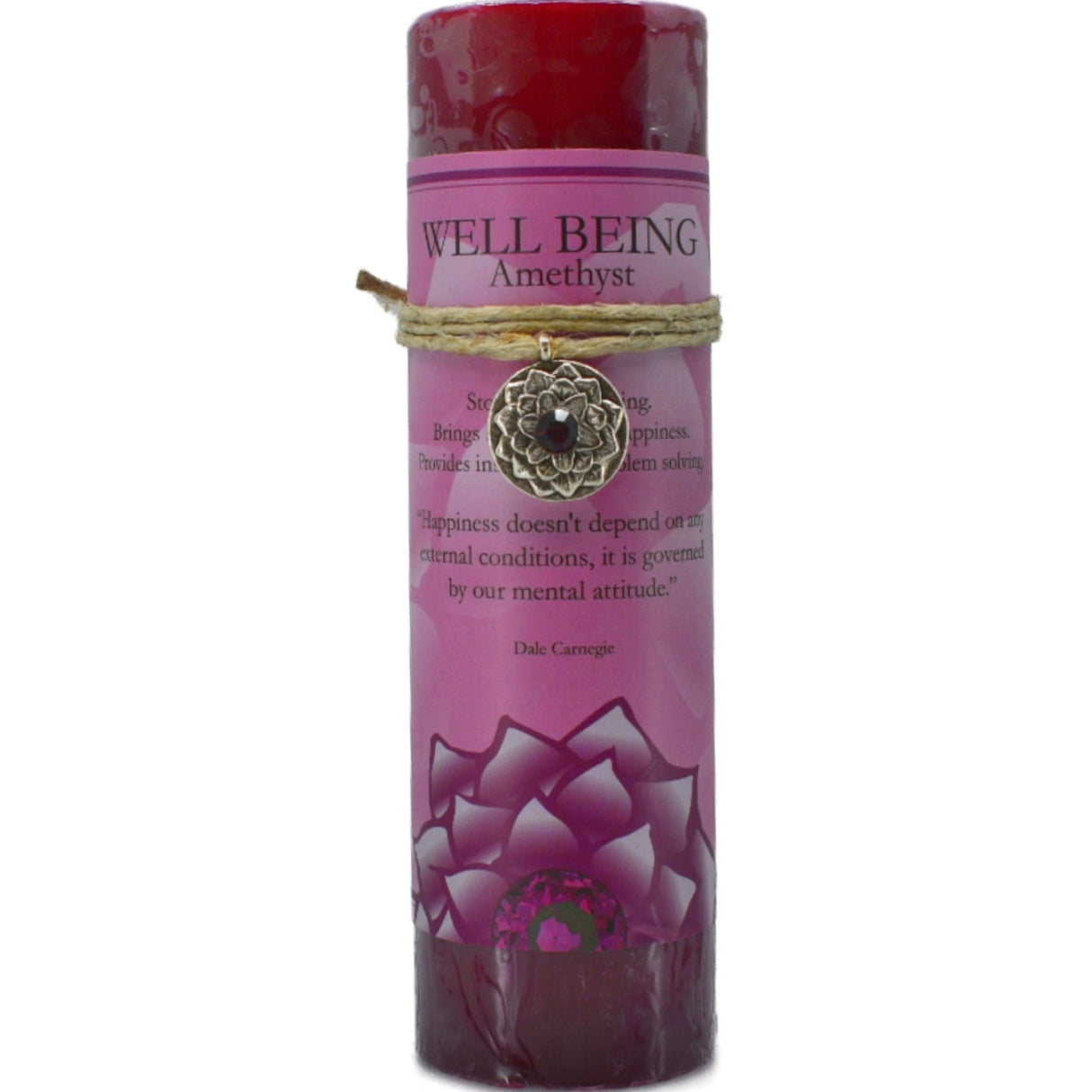 Red candle with "WELL BEING" label and amethyst pendant.