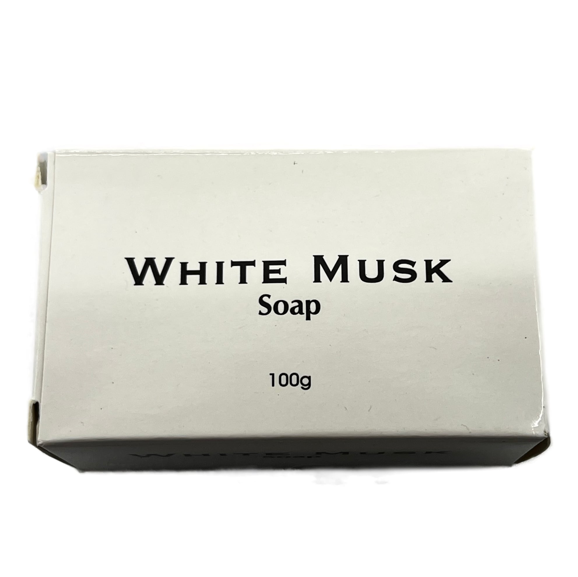 white box with black lettering wWhite musk soap 