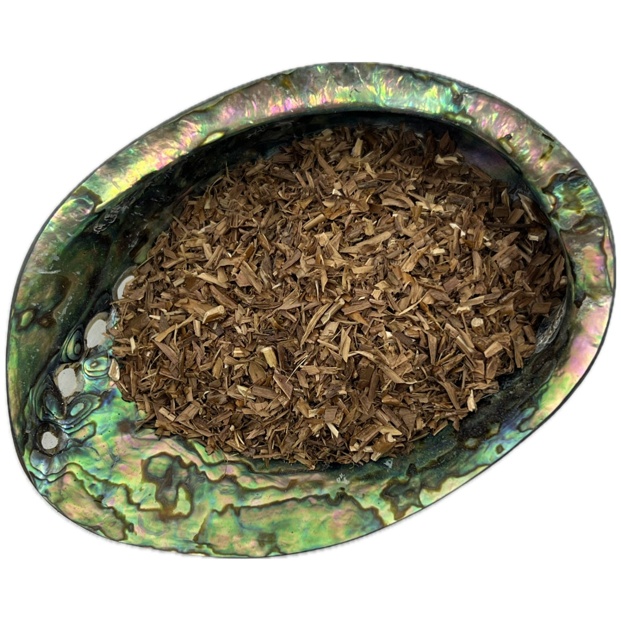 Dried White Willow Bark in an abalone shell.