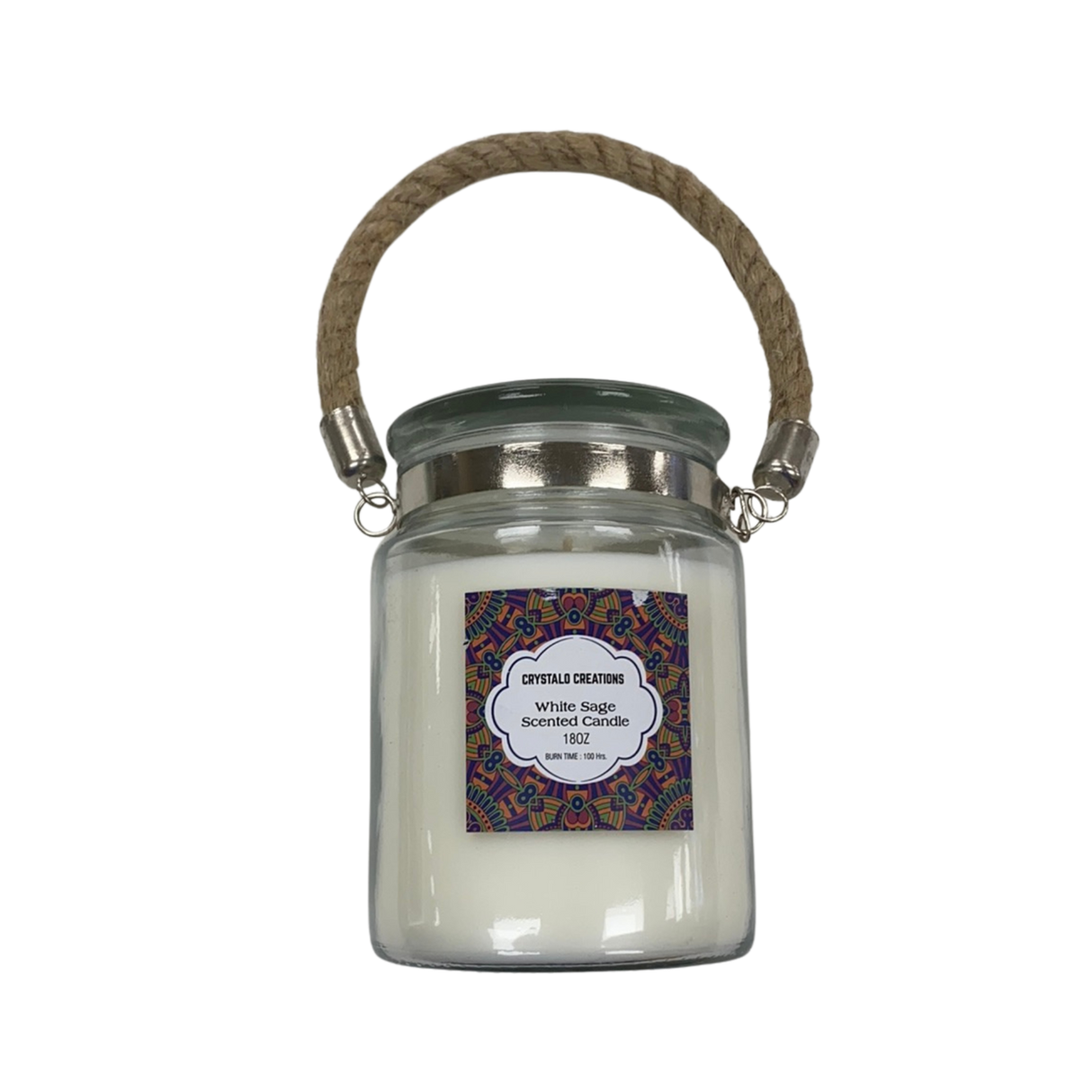 White Sage Glass Jar Candle - White Candle inside clear glass jar with brown rope handle