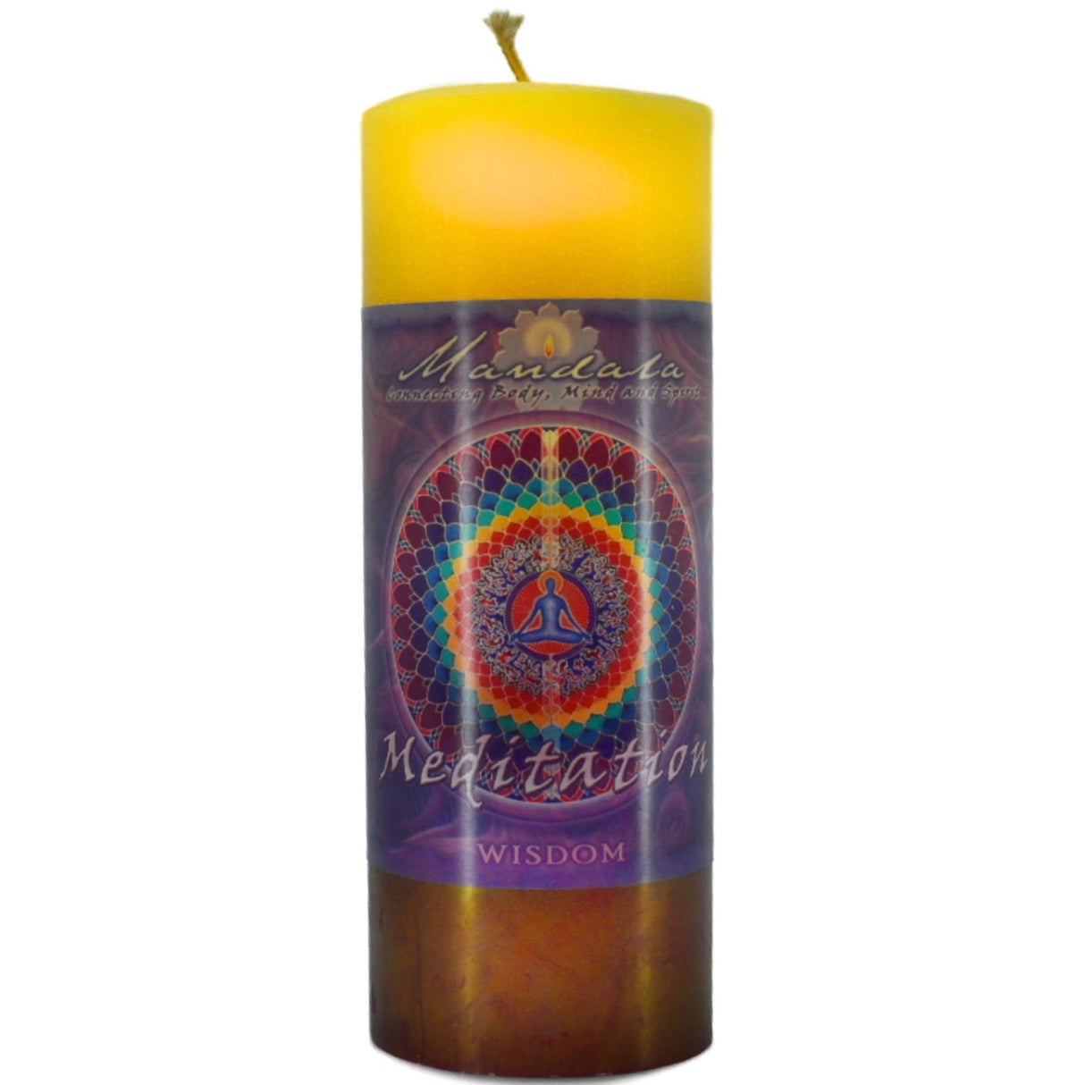 Yellow candle with "MEDITATION" and "WISDOM" labels.