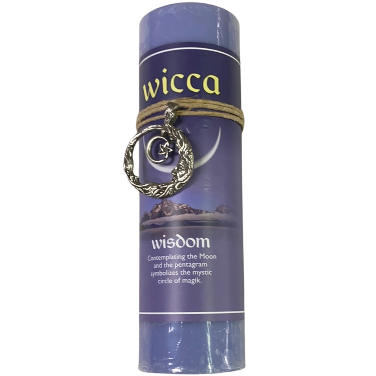 Purple candle with "WICCA" and "WISDOM" labels.