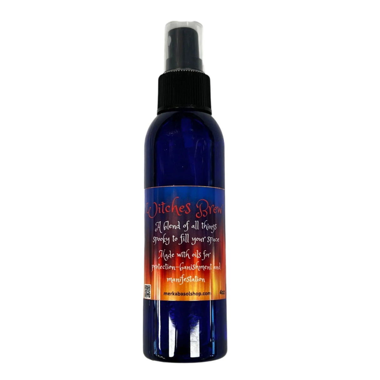 witches brew blue spray bottle with orange label