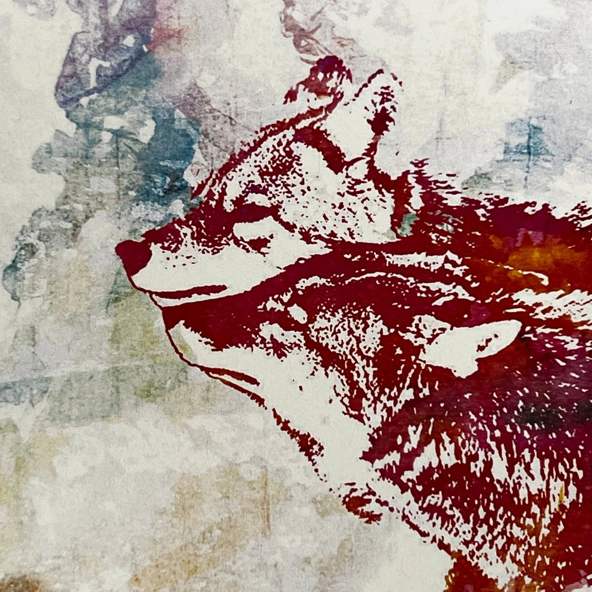 Wolves Magnet with two red wolf heads facing each other, with a watercolor background.