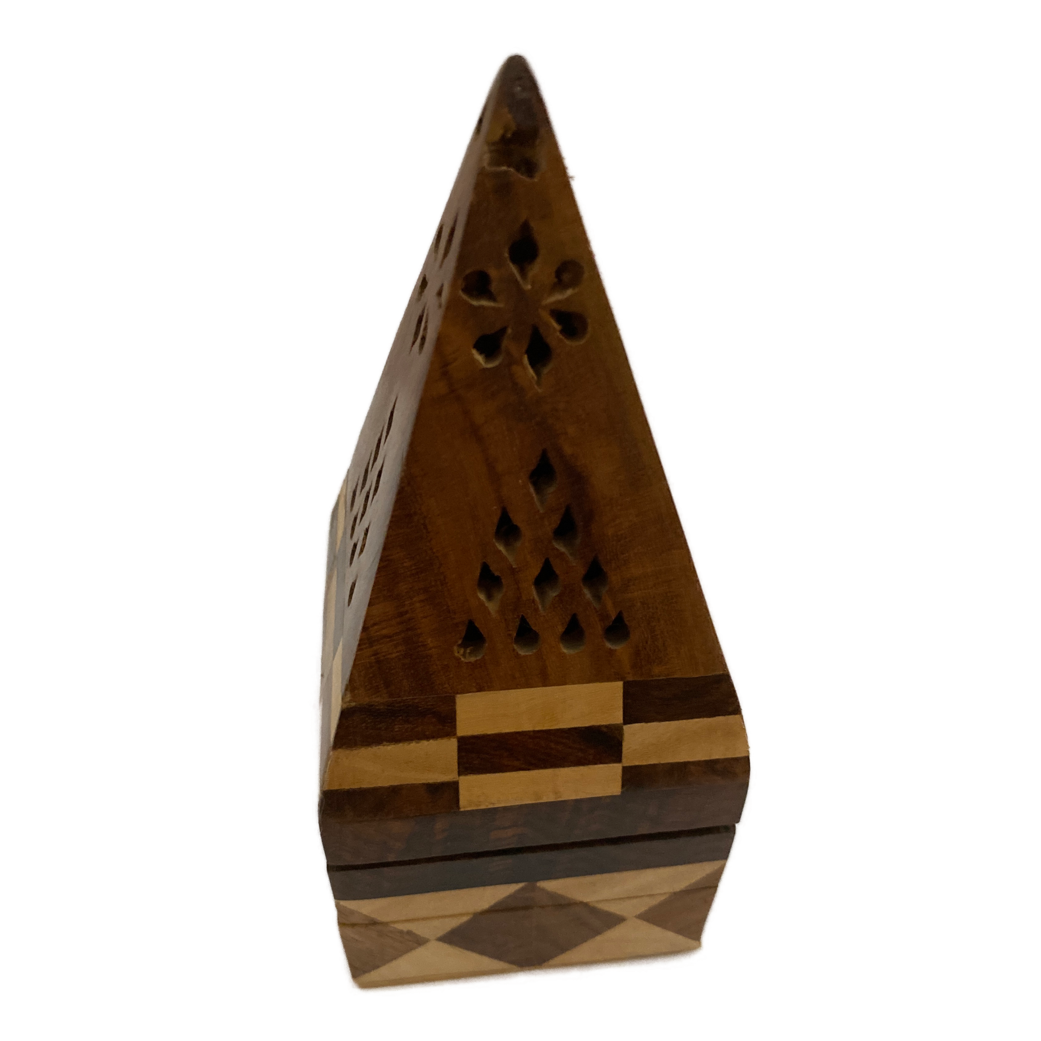 Square wood base with pyramid top with holes for smoke 