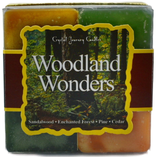 Woodland Wonders Candle Set with green, orange, purple, and white candles.