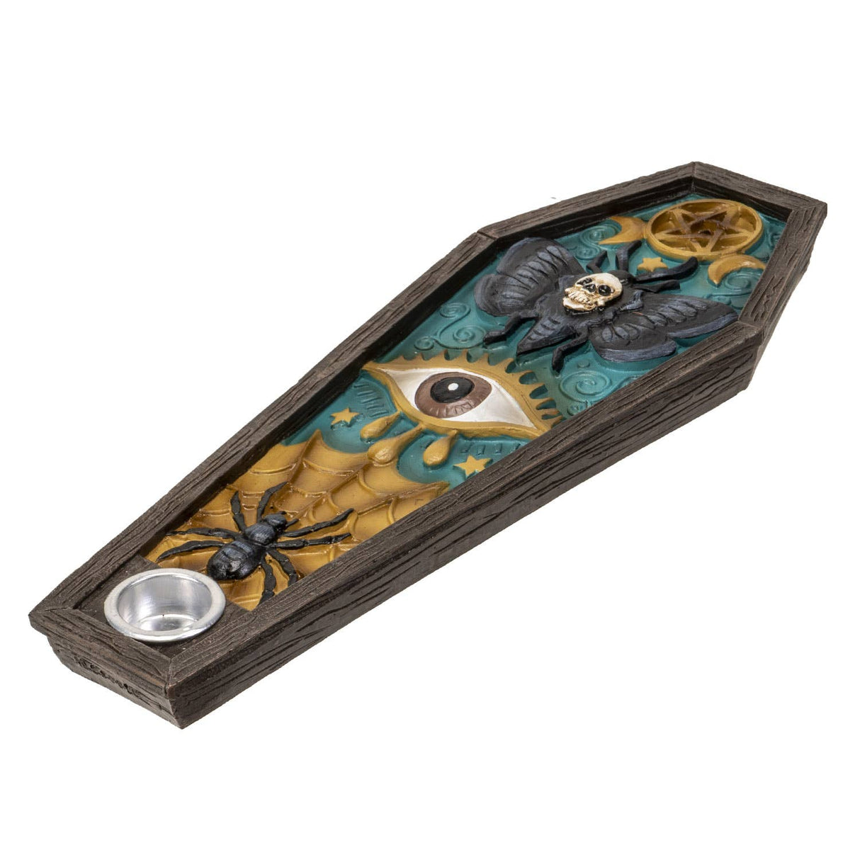 A coffin-shaped gothic decorative tray or planter with a dark wood-grain exterior, featuring a teal and gold inner design with a large eye, bat, spider, pentagram, and small silver bowl.