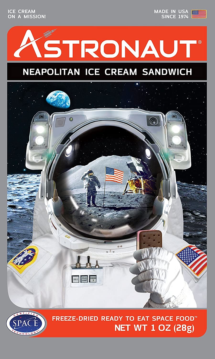 A package with an astronaut holding a freeze dried ice cream sandswitch.