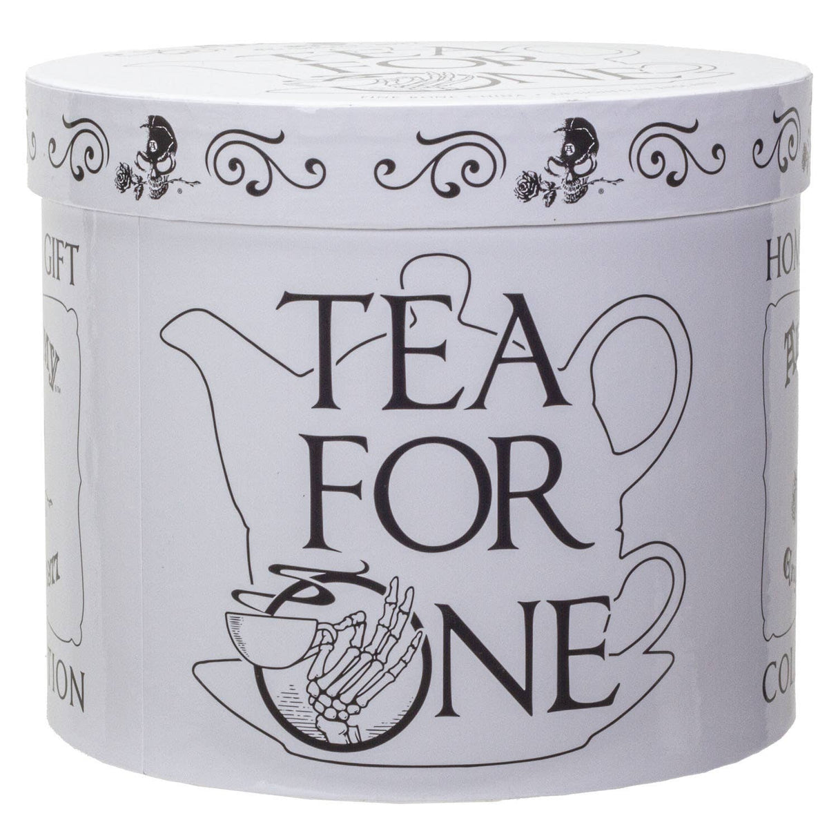 A round white tin canister with a matching lid, featuring black line art of a teapot, a teacup, a skeleton hand holding a teacup, and the words 'TEA FOR ONE' on the front.