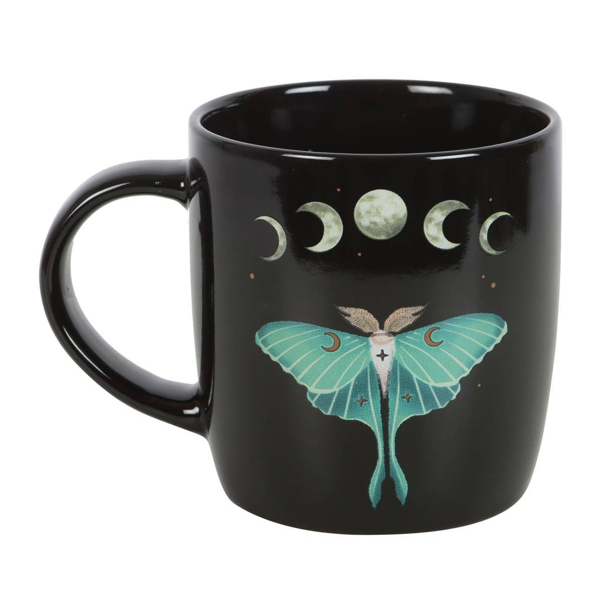 Black mug with a green moth and moon phases design on a white background