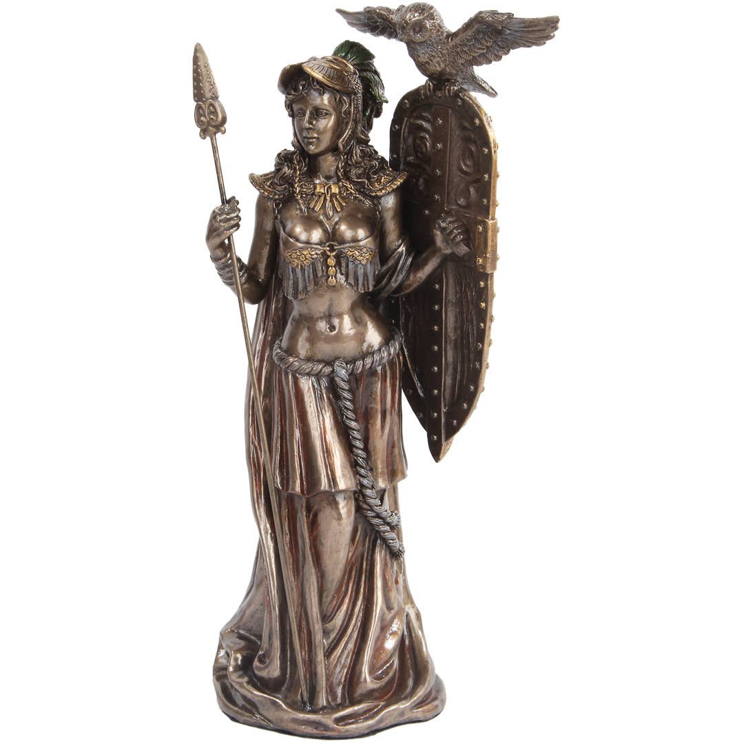 Bronze statue of a warrior woman with a spear and shield on a white background