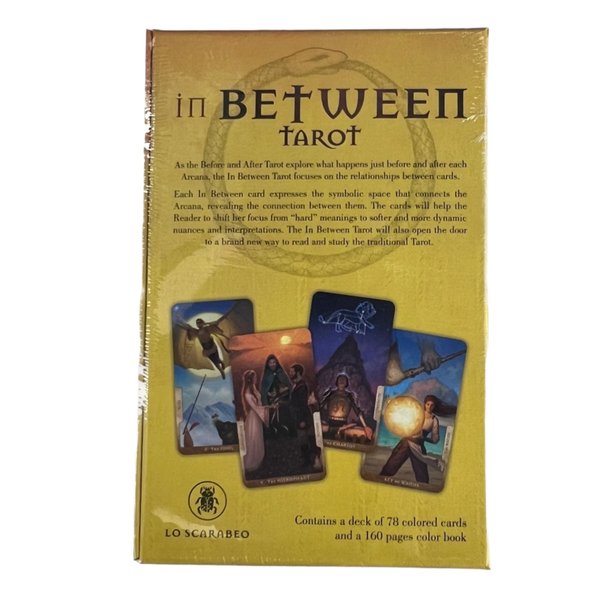 in between tarot back of box in gold with writing and card images