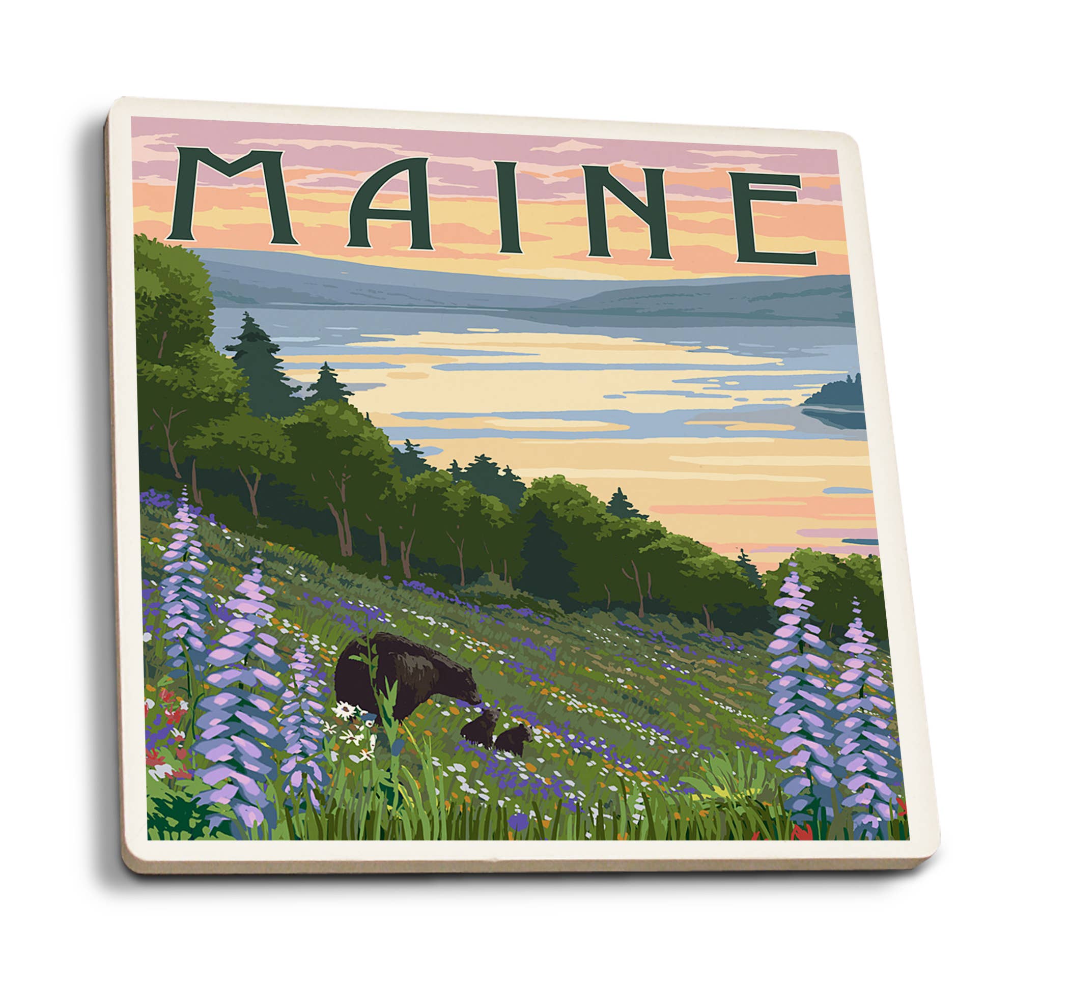 A Maine Lake & Bear Family Ceramic Coasters