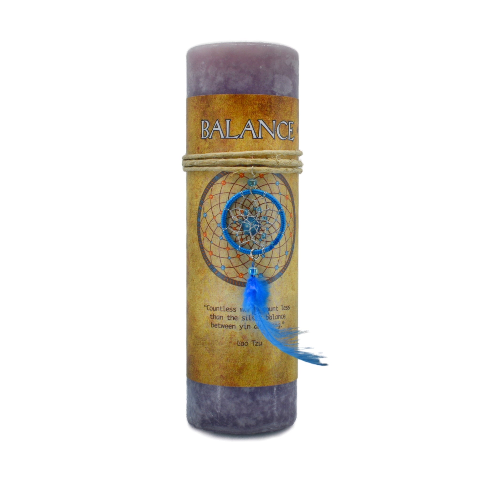 Balance Dream Catcher Candle has a blue dream catcher on it that can be worn or hung.  Purple scented candle used for meditation to bring balance into your life.