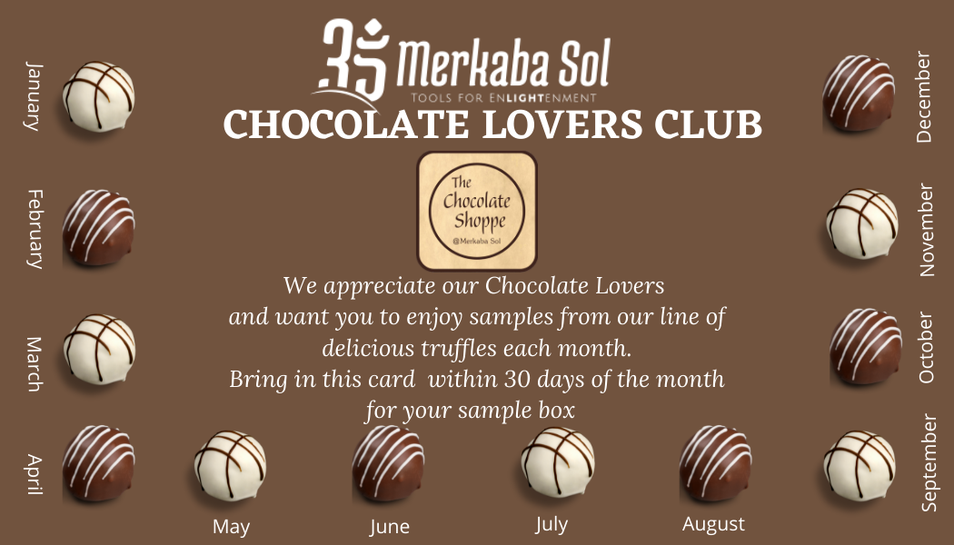 The Chocolate Lovers Club Card Sampler in brown with the months listed around the outside edge with alternating white and dark chocolate truffles.