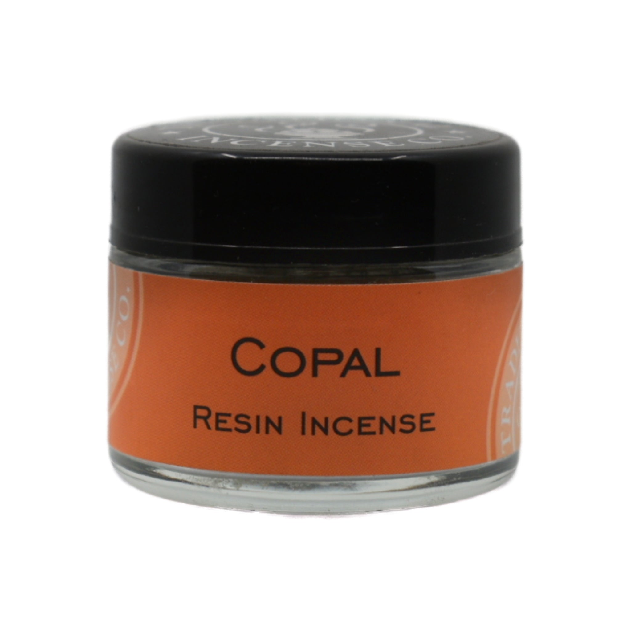 Copal Resin Incense.  Small round container with black top, full of copal resin powder