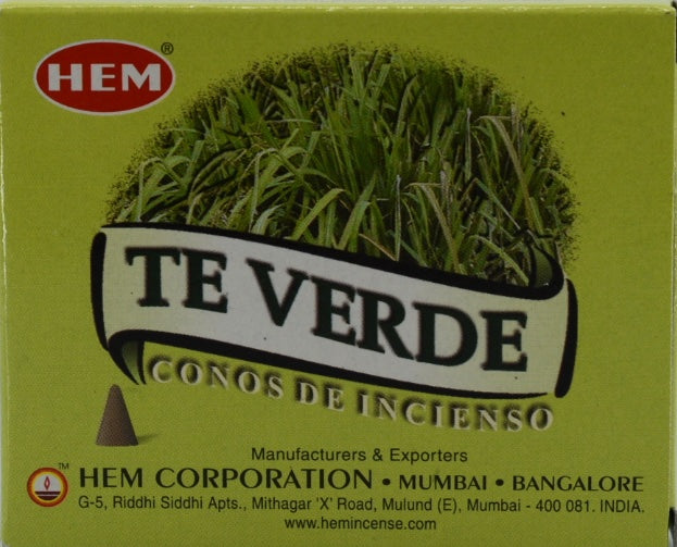 Green Tea Incense Cones back cover.  The title and picture of green tea are closer to the top of the box.  On this side the title is in a foreign language.  At the bottom of this side lists the Manufacturers and Exporters - HEM Corporation - Mumbai - Bangalore G-5, Riddhi SiddhiApts., Mithagar 'X' Road, Mulund (E), Mumbai, 400 081. India