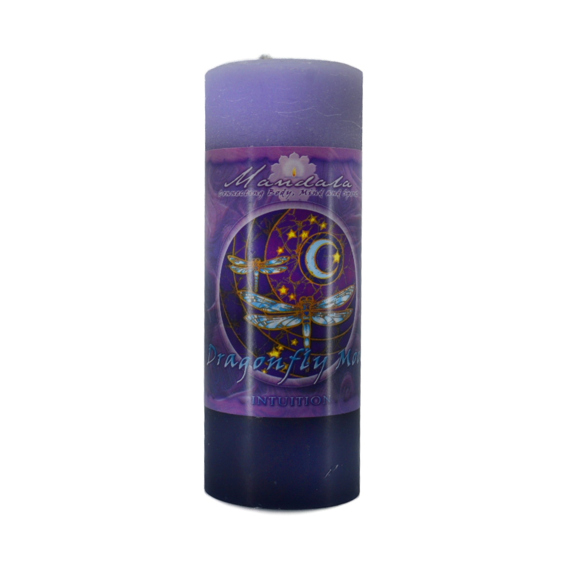 Intuition Mandala Candle.  Dragonfly and moon.  Burn the candle to enhance intuition, dream visions, imagination, direction and purpose.  Candle is scented with rock rose flower, white peony and violet.