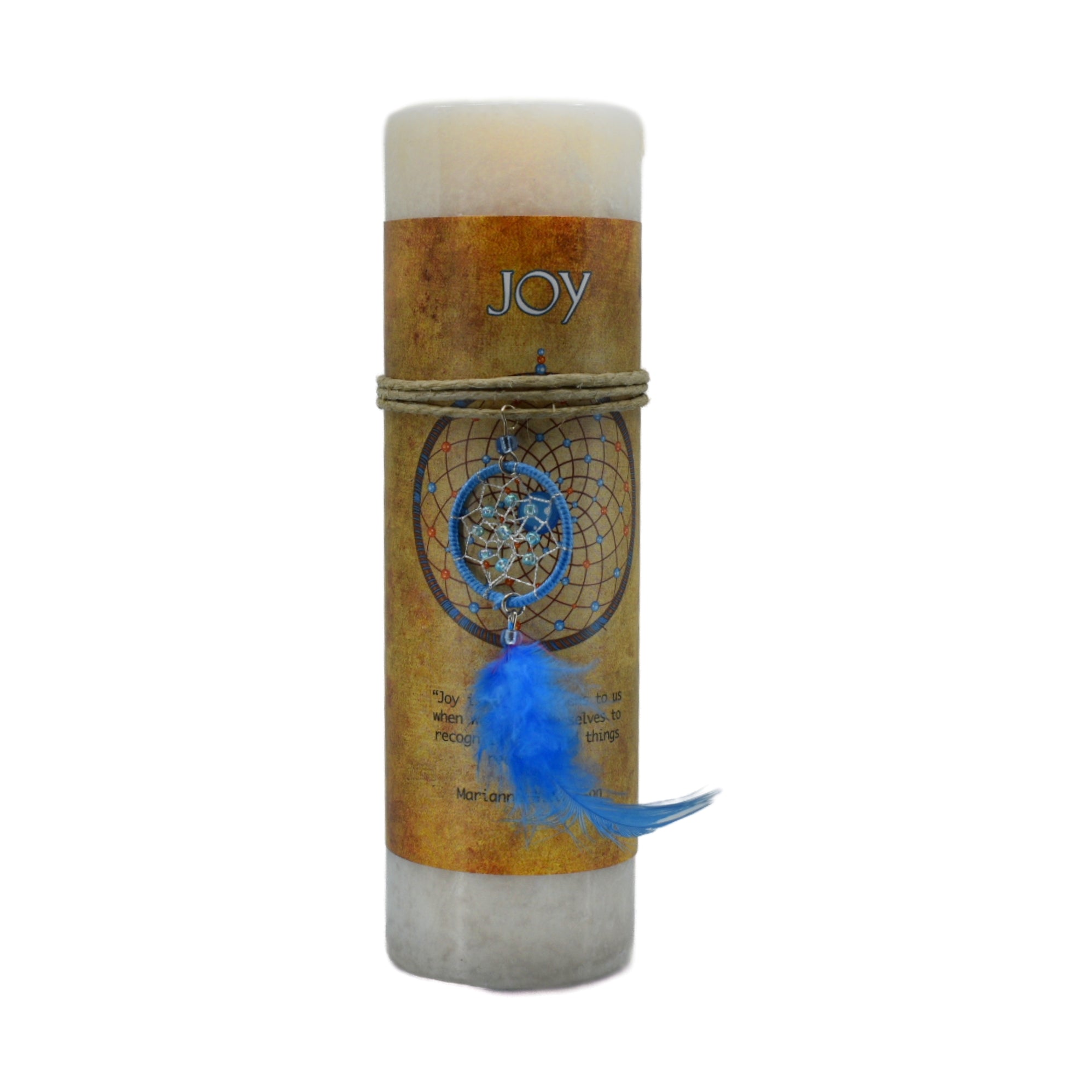 Joy Dream Catcher Candle.  Dream catcher is blue with a blue feather,  Candle is scented.  Light this candle to bring in joy.