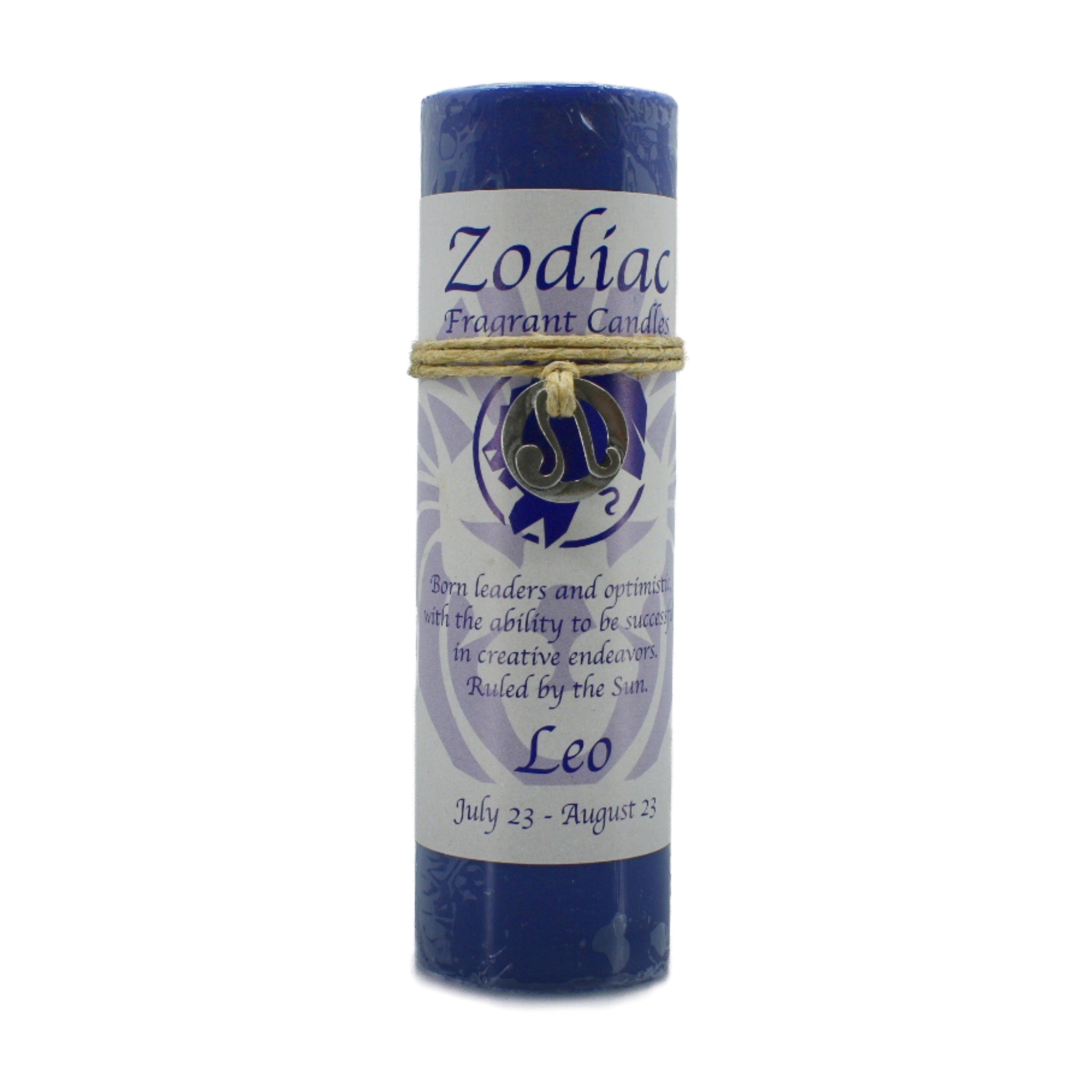 Leo Zodiac Pendant Candle.  Optimistic, born leaders, with the ability to be successful in creative endeavors.  Candle is blue.
