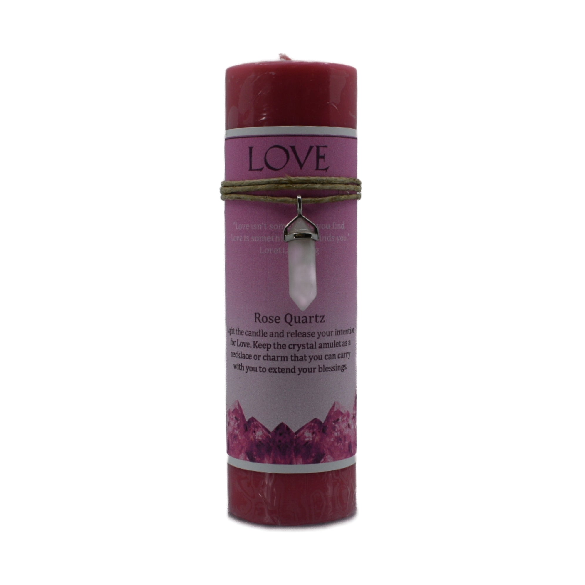 Love Crystal Pendant Candle.  Light the candle to release the intention for love.  The pendant has a double pointed rose amethyst crystal that can be worn as a necklace or used as an amulet.  The candle is pink and is scented with jasmine.