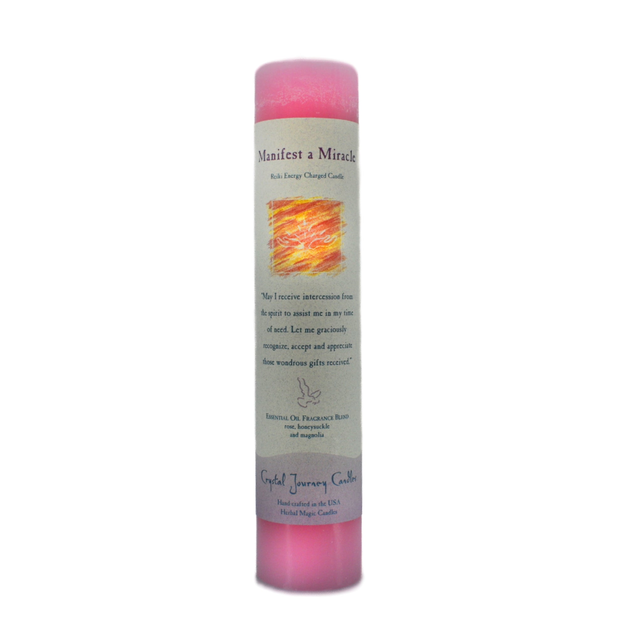 Manifest a Miracle Pillar Candle.  Use to aid and  enhance your love and desire.  The candle was made using essential oils magnolia, honeysuckle and rose.