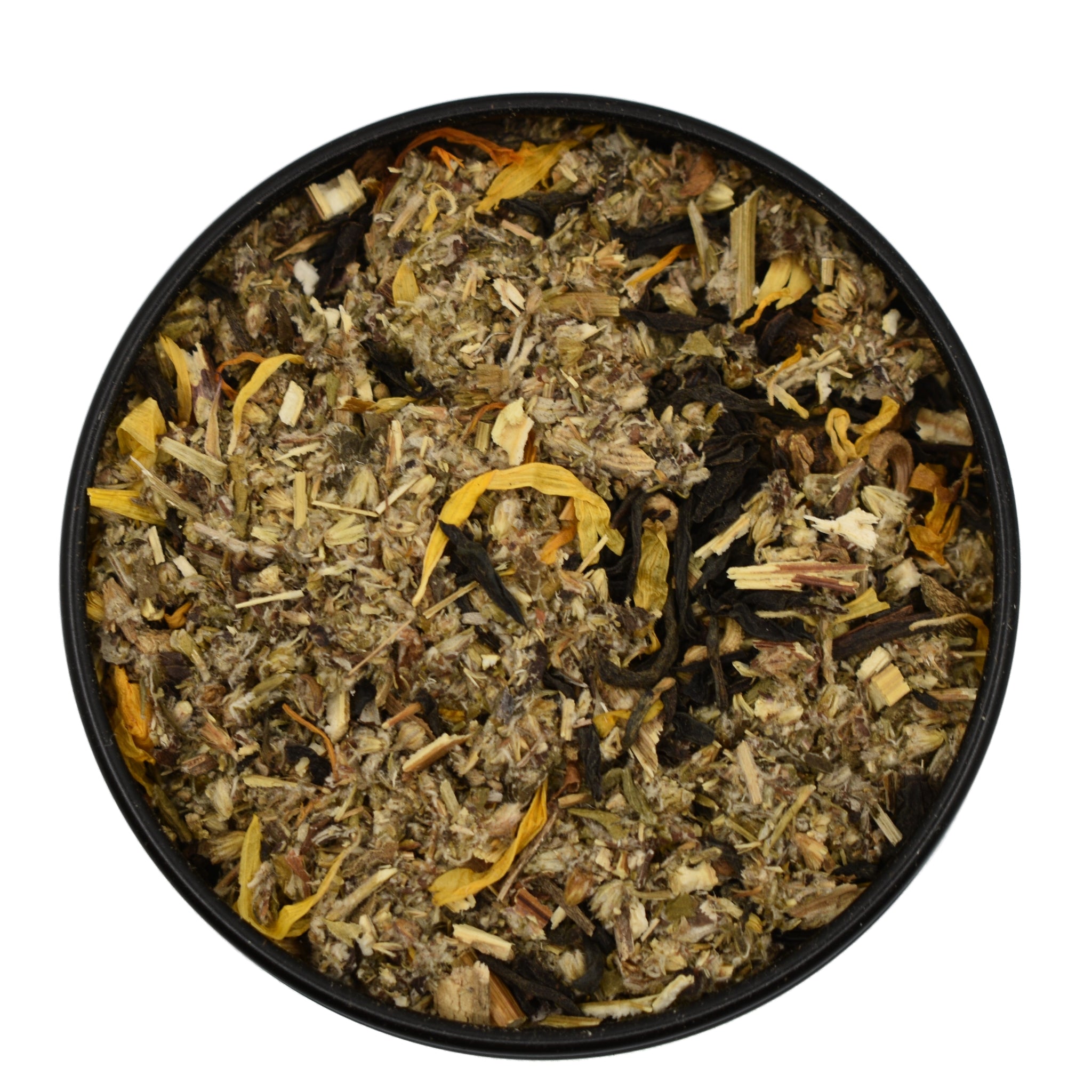 lid off and a mix of colorful herbs and tea 