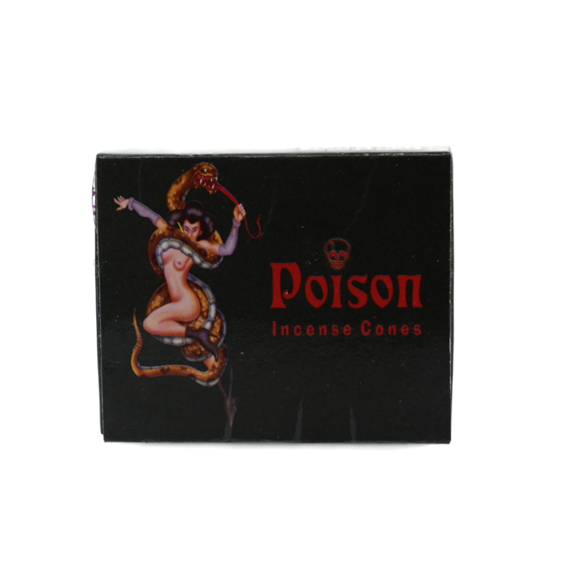 Poison Incense Cones.  Box is black with a red title stating Poison Incense Cones.  Left side of the cover has a female with an angry snake wrapped around her.
