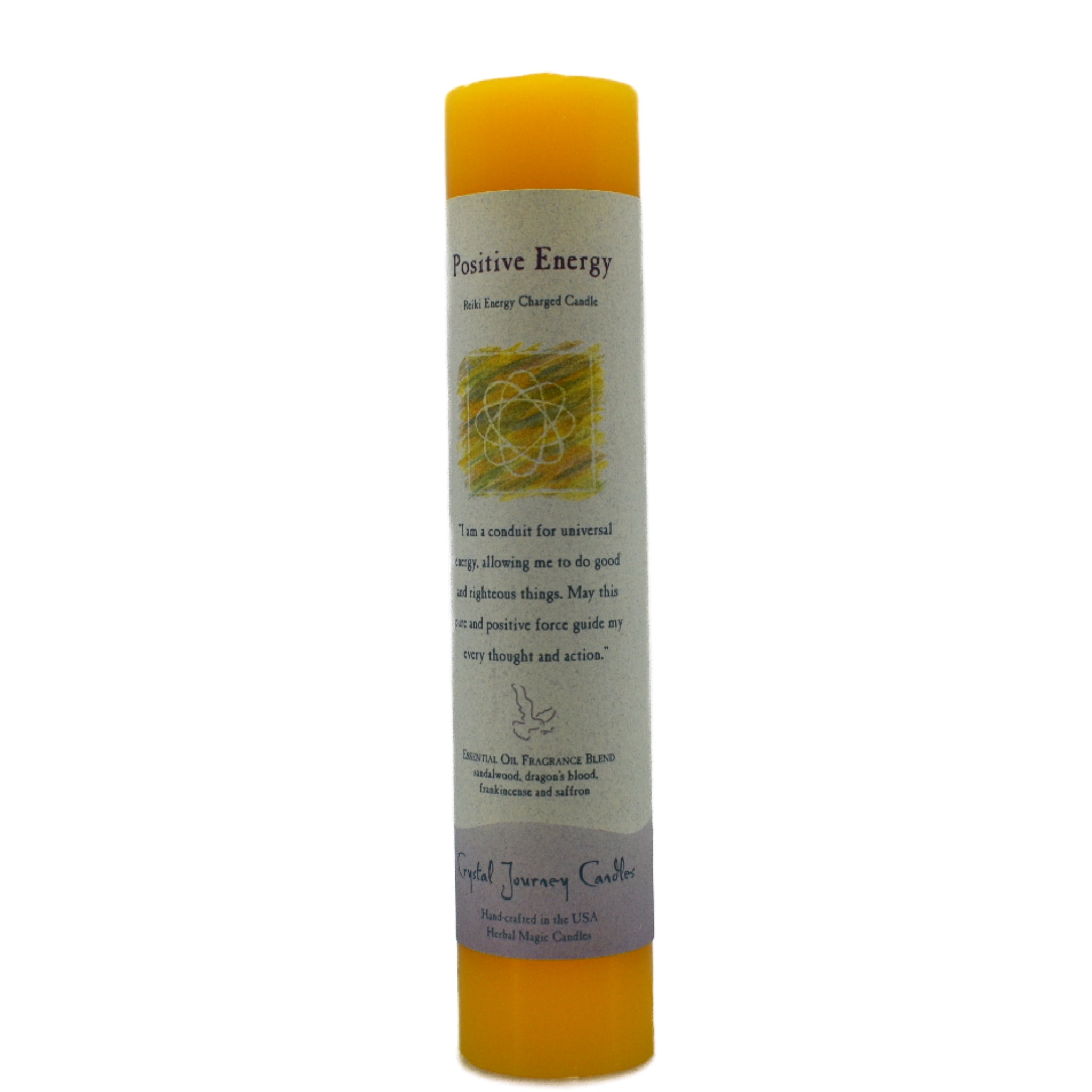 Positive Energy Pillar Candle.  This candle is scented with Frankincense, Dragon's Blood. Sandalwood and Saffron essential oils.  Use this candle to attract positive energy to you.  