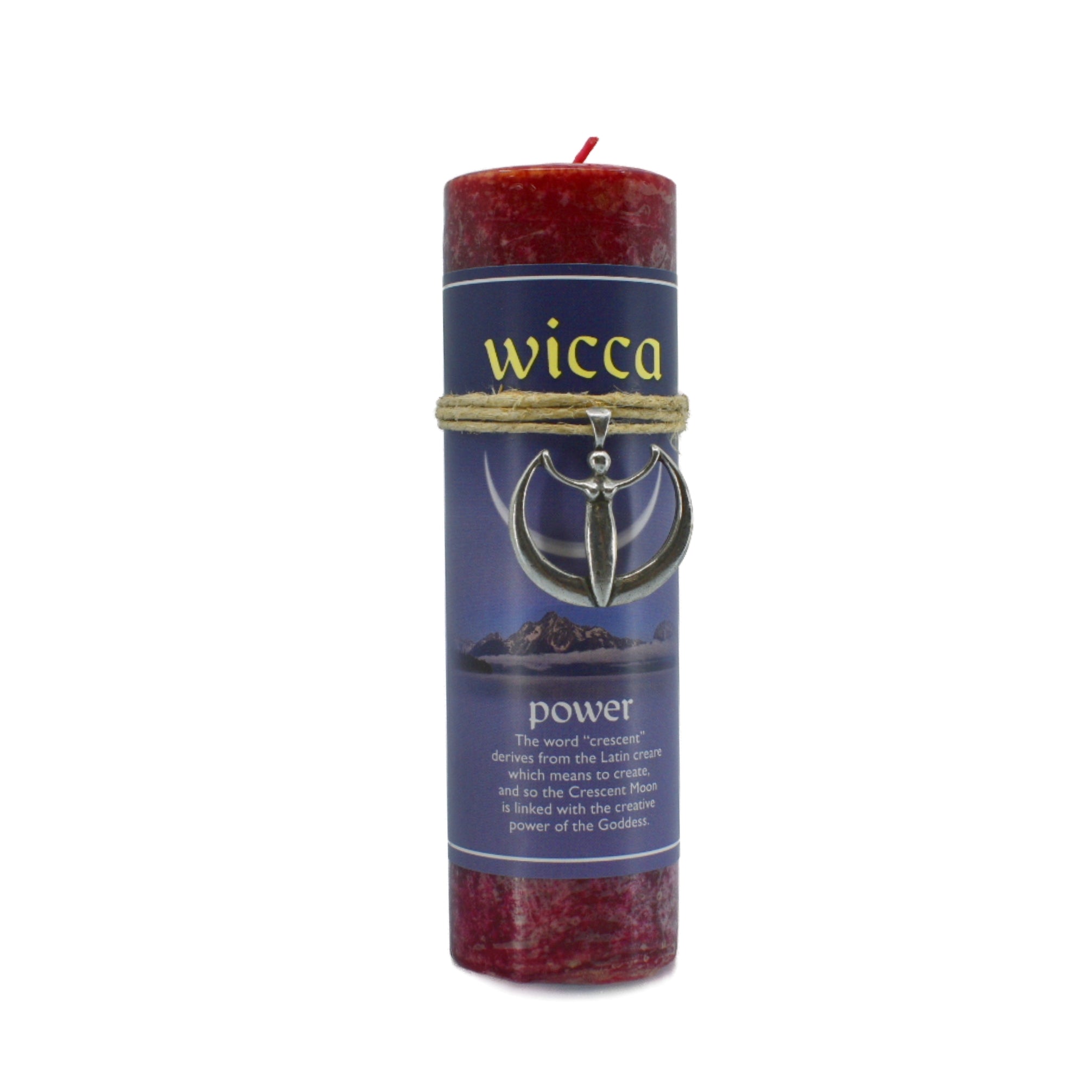 Power Wicca Pendant Candle.  The Crescent Moon is linked with the creative power of the Goddess.  This pewter pendant can be worn as a necklace.  The unscented candle is red and is 6.5" high and 2" in diameter.  