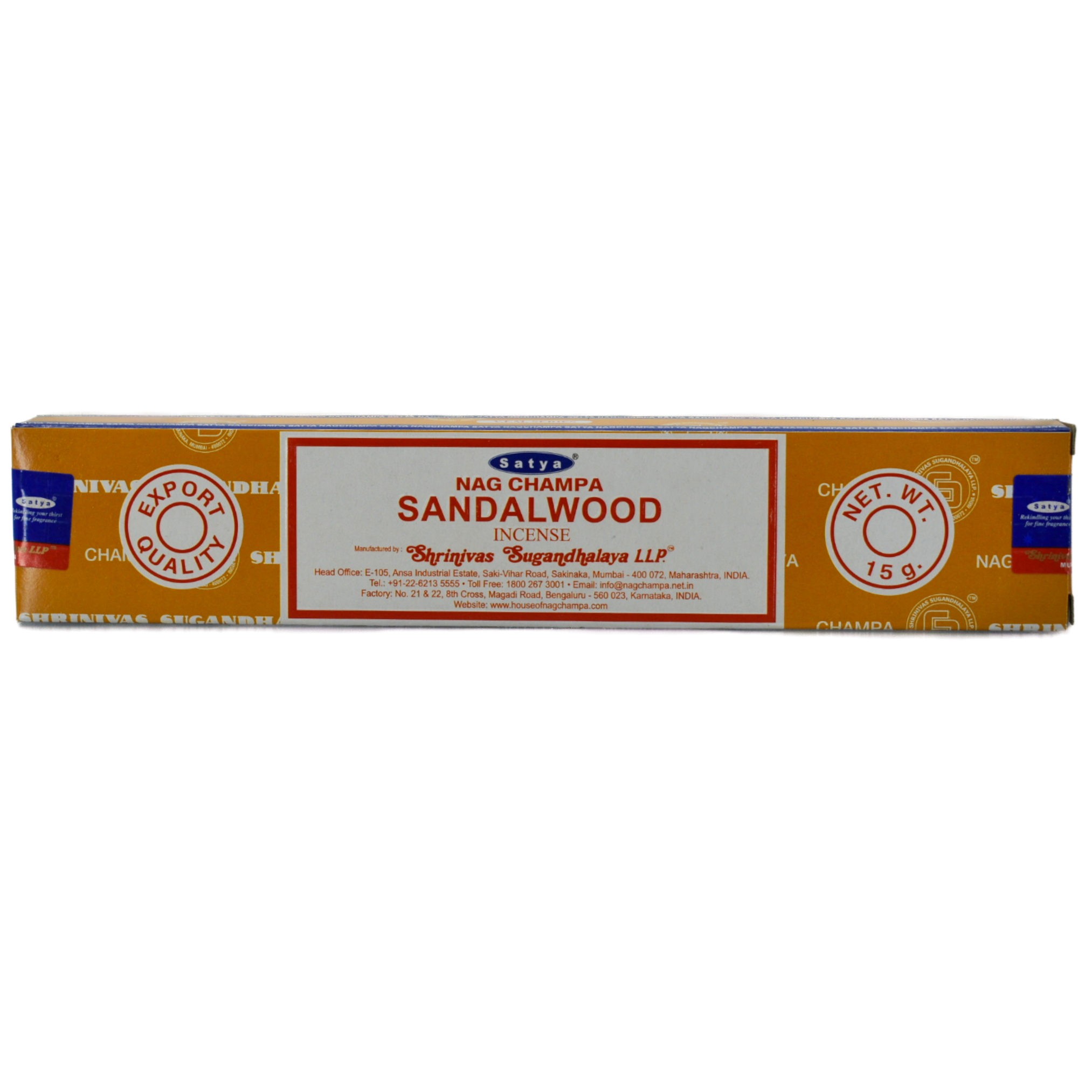 Sandalwood Sayta Incense Sticks.  The box is a burnt orange color with lines through it.  The lines are company words.  In the center there is a white rectangle with a red frame within the border.  The top half of the box lists the company and title: Sayta Nag Champa Sandalwood Incense.  The wording below is the manufacturer&