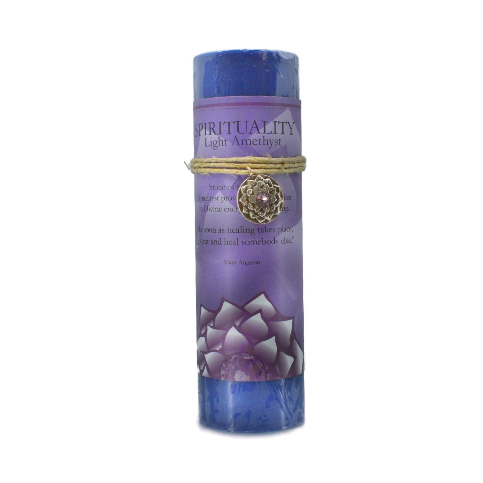 Spirituality Lotus Pendant Candle.  The pewter pendant is a lotus flower with a light amethyst center.  Amethyst promotes intellectual thought and is a blessing to your life.  It helps to eliminate impatience and help find inner peace.  It also help you on the path of spirituality.  It is a purplish blue candle.