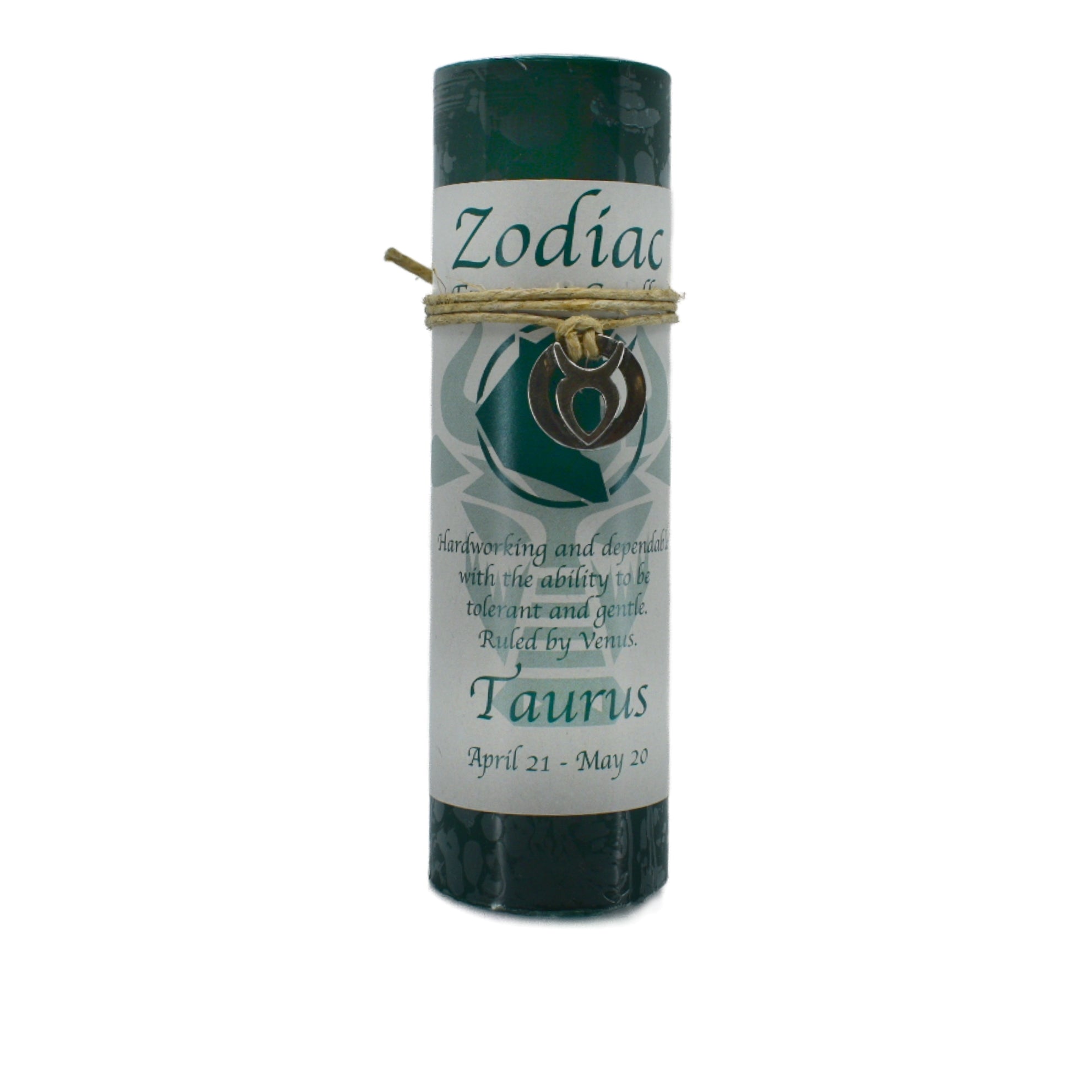 Taurus Zodiac Pendant Candle.  Green candle with a pewter pendant attached that can be worn as a necklace or used as an amulet.  Taurus is April 21 to May 20 and is ruled by the Venus.  Hardworking and dependable with the ability to be gentle and tolerant.