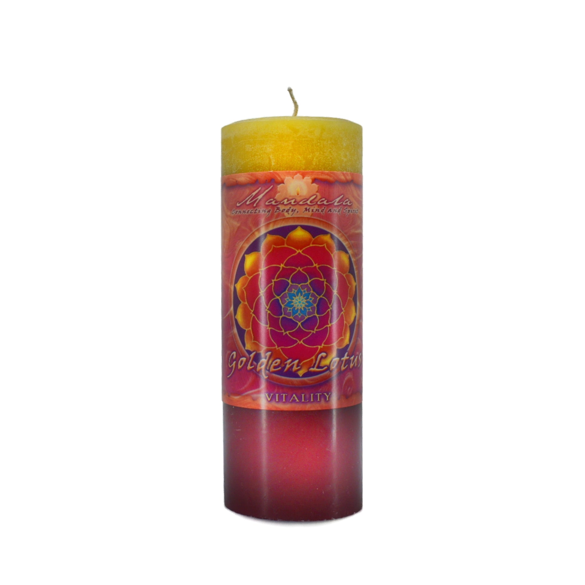 Vitality Mandala Candle.  This scented candle is made with zesty citrus, wild bergamot, ginger root, and tangerine essential oils it is yellow and then red.  Burn this candle to help promote self-determination, inner power, vitality, prosperity, success and abundance, and active or Yang energy.
