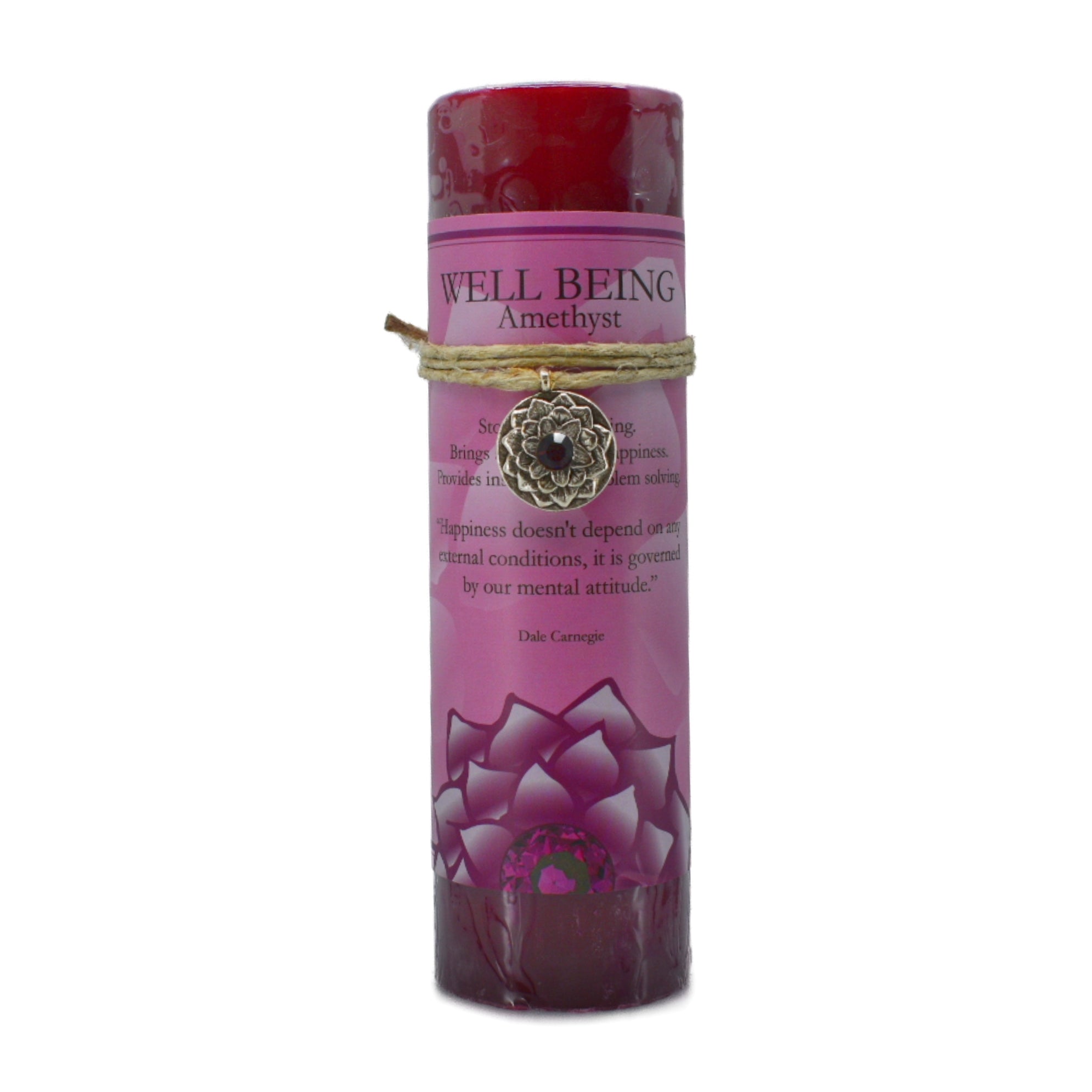 Well Being Lotus Pendant Candle.  It is a scented red candle.  The attached lotus pewter pendant has an amethyst in the center.  The pendant can be worn as a necklace or used as an amulet.  Amethyst is the stone of well being.  Light this candle to enhance serenity, happiness and spiritual wisdom.  It provides insight for problem solving, brings hope to your life, contentment to your mind, and purifies negative vibes. 