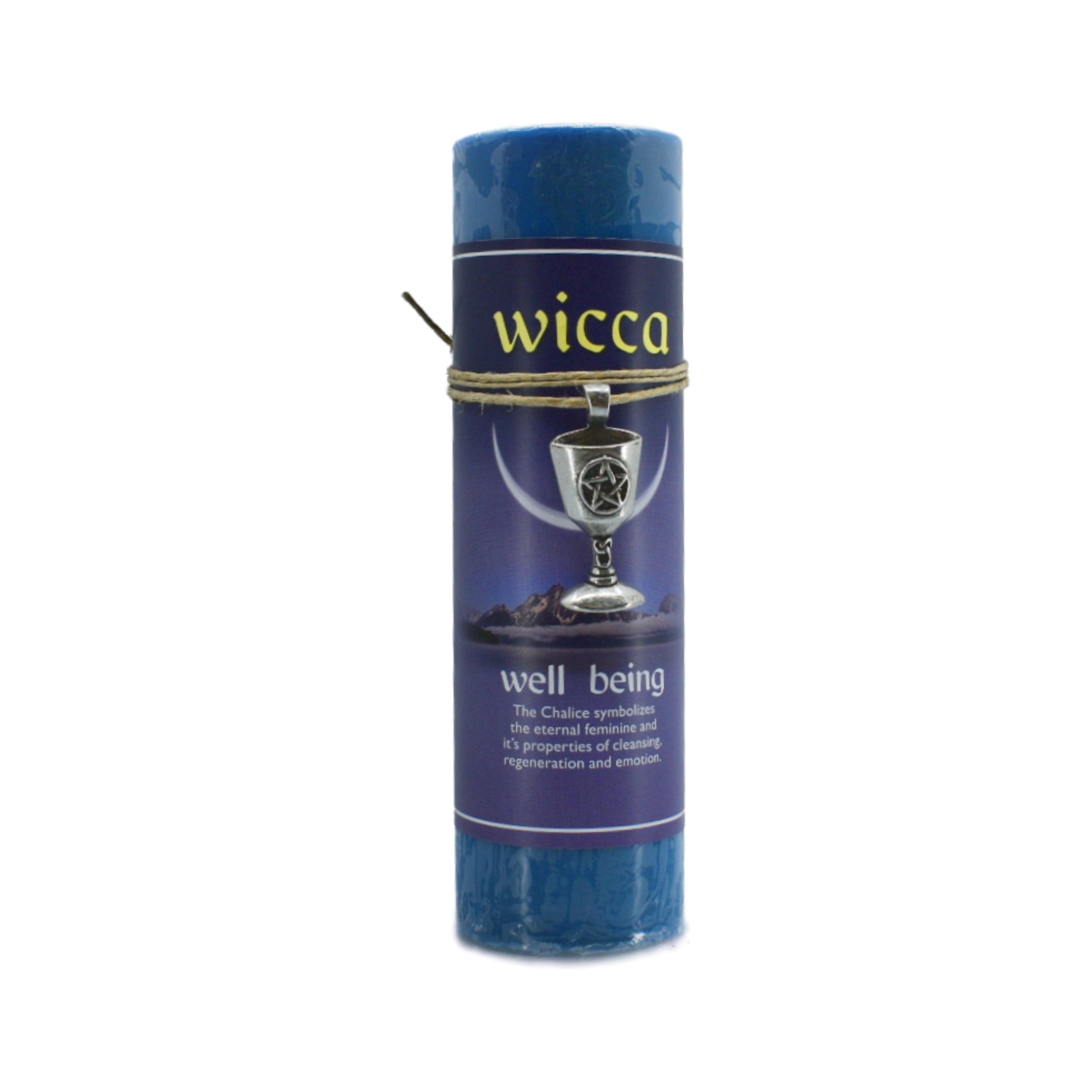 Well Being Wicca Pendant Candle.  The Chalice pewter pendant attached to the blue candle can be worn as a necklace or used as an amulet.  The chalice symbolizes the eternal feminine and its properties of cleansing, regeneration and emotion.
