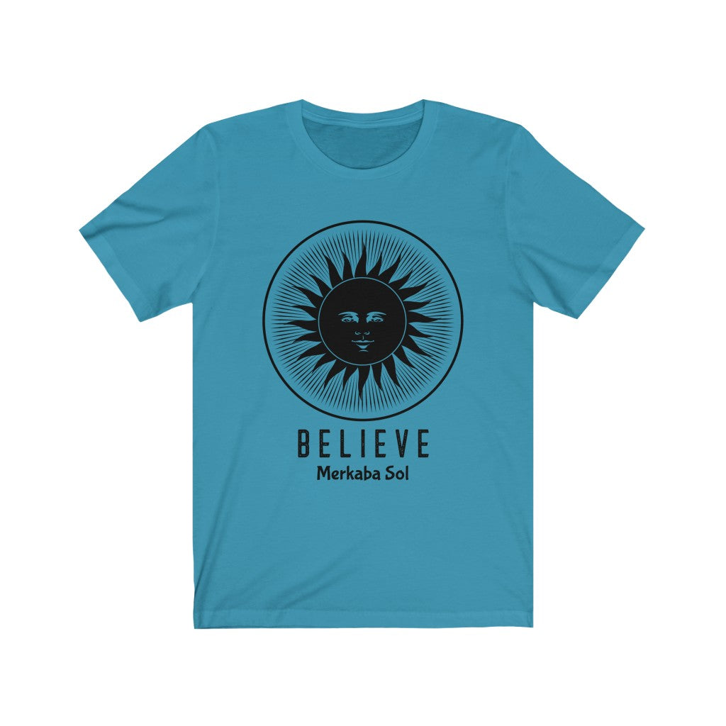 The sun inspires us to Believe. Bring inspiration and empowerment to your wardrobe with this believe sun t-shirt in aqua color or give it as a fun gift. From merkabasolshop.com