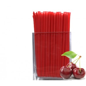 Cherry Honey Straw.  A clear, plastic straw heat sealed at each end holding a red, cherry honey syrup within.  