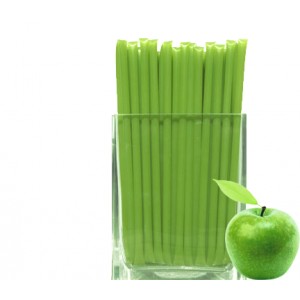 Apple Honey Straw.  A clear, plastic straw heat sealed at each end holding a green, apple honey syrup within.  
