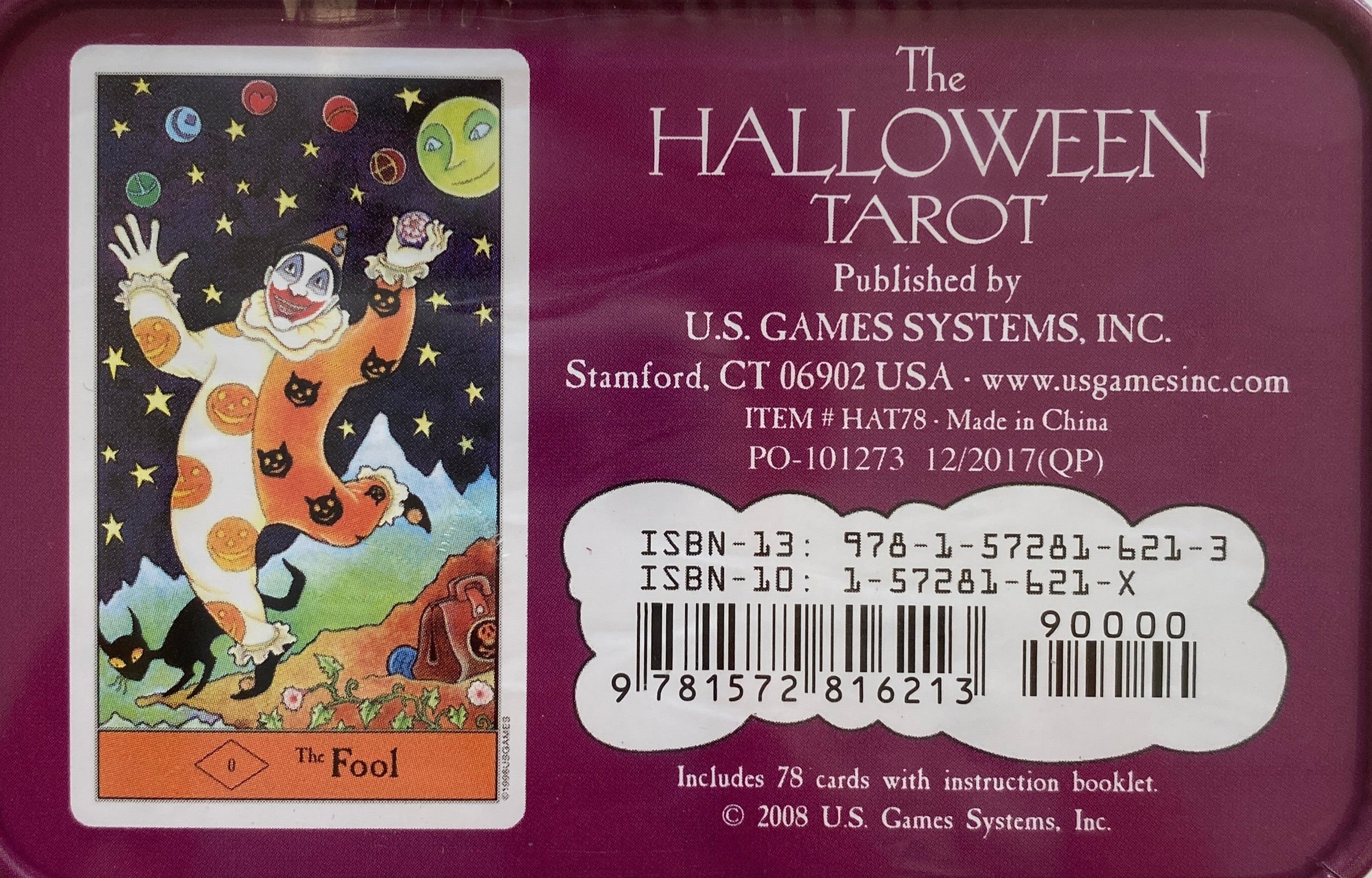 Back of box with white writing and an image of the fool tarot dressed as a clown 