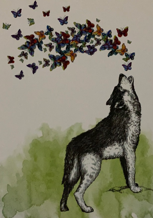 White card with Howling wolf with butterflies 